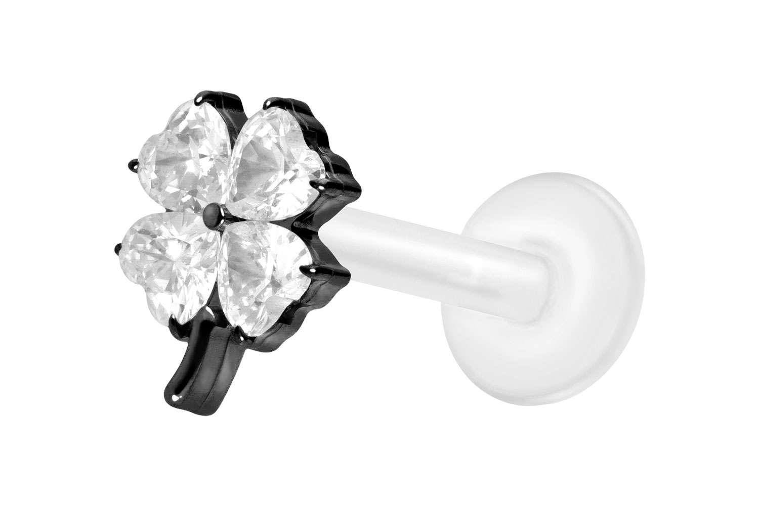 PTFE Labret Piercing mit Innengewinde + Titan-Aufsatz KRISTALLKLEEBLATT